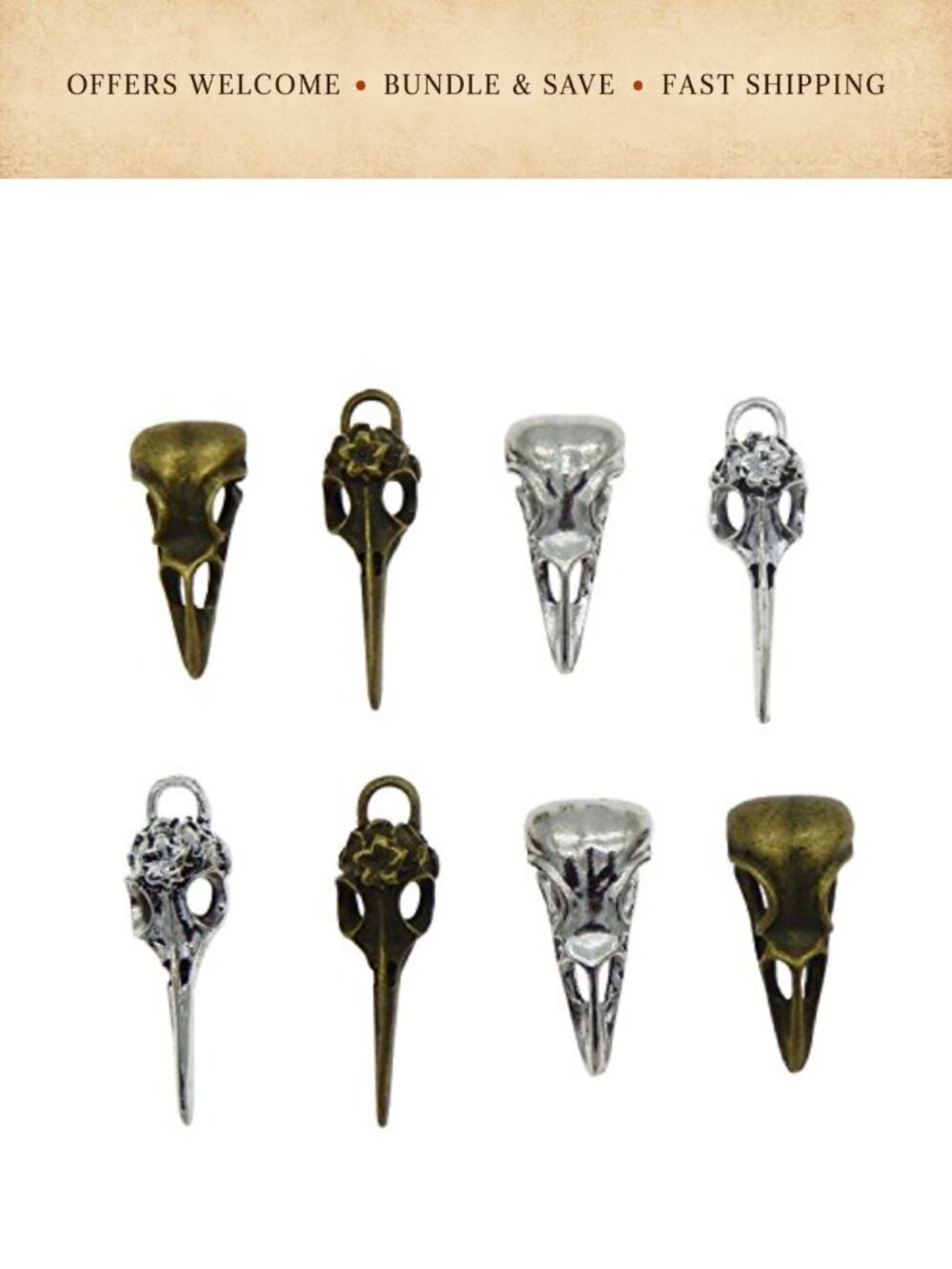 Zinc Alloy Raven Skull Charms 8pc Pendant Jewelry Making DIY Craft
